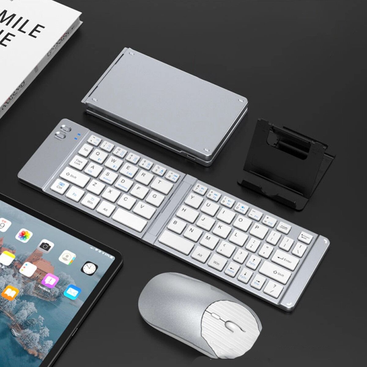 INF Ensemble clavier et souris sans fil pliable – Double mode 2.4G & Bluetooth, rechargeable Type-C, design compact 66 touches Argent