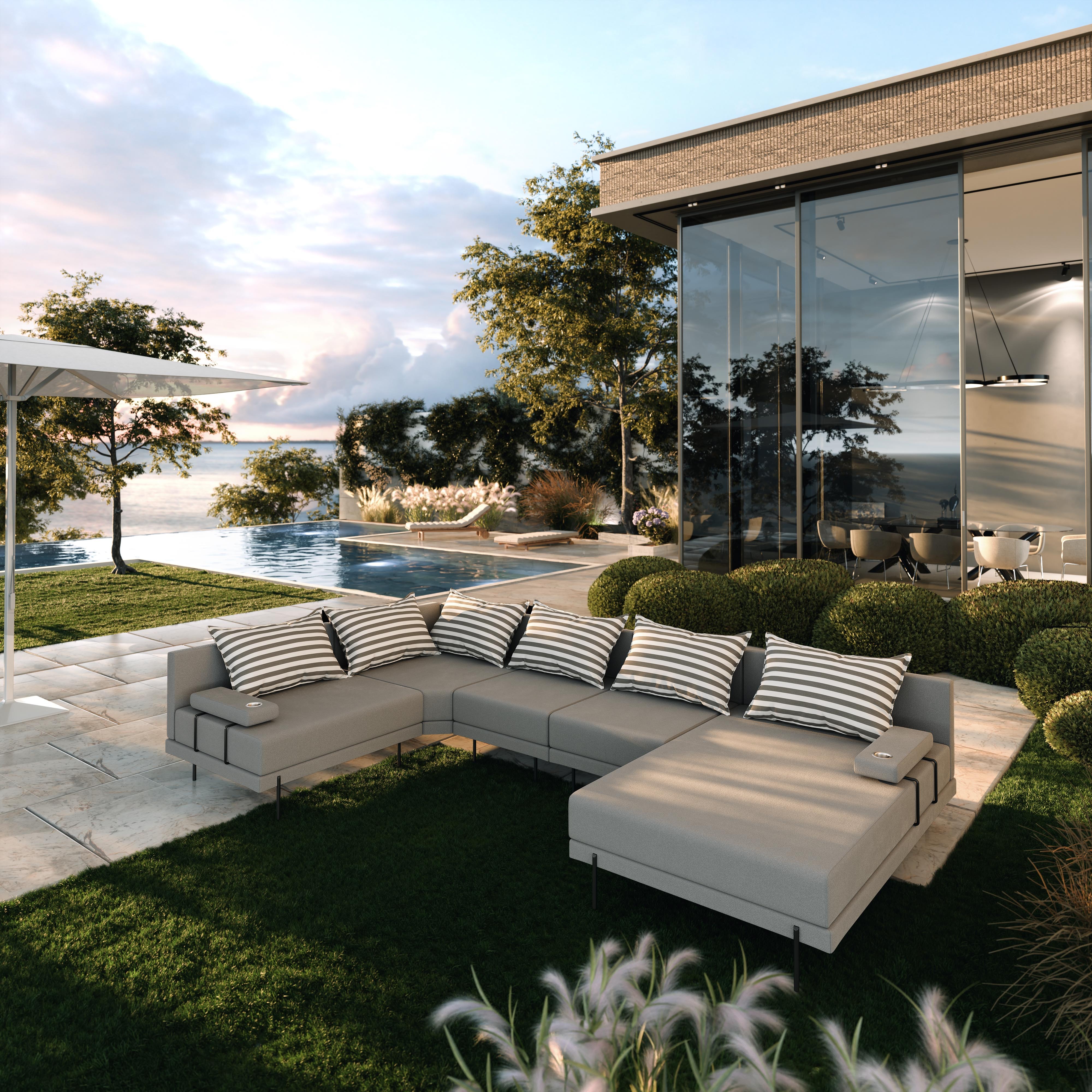 TRADA Gartenecksofa Bahama XL Streifen Grau Links 370x175 cm Gartenmöbel set Wasserabweisend Stoff