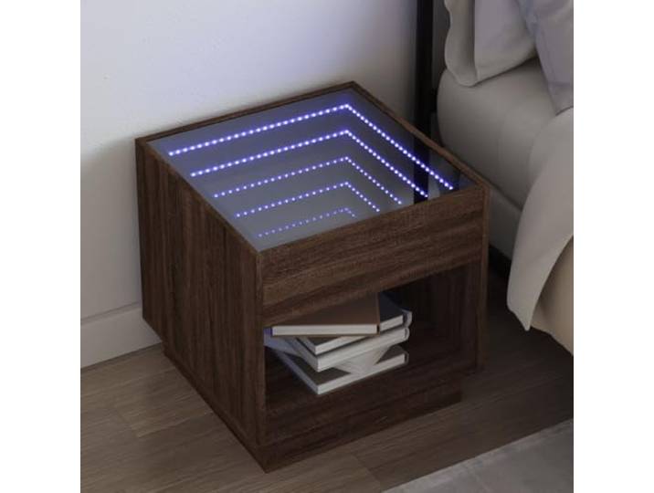 HEFZGDB Nachttisch mit Infinity-LED Beleuchtung in Braun Eichen-Optik 50x50x50 cm, RGB LED Beleuchtung mit USB-Anschluss für personalisiertes Ambiente, stabile Tischplatte