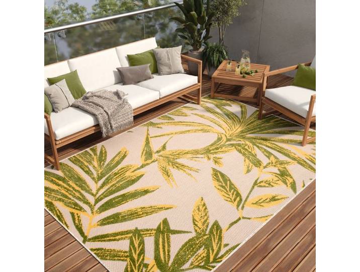 Tapis Extérieur Intérieur TAPISO PATIO Terrasse Vert Jaune Crème Feuilles Résistant Sisal 140x200 cm