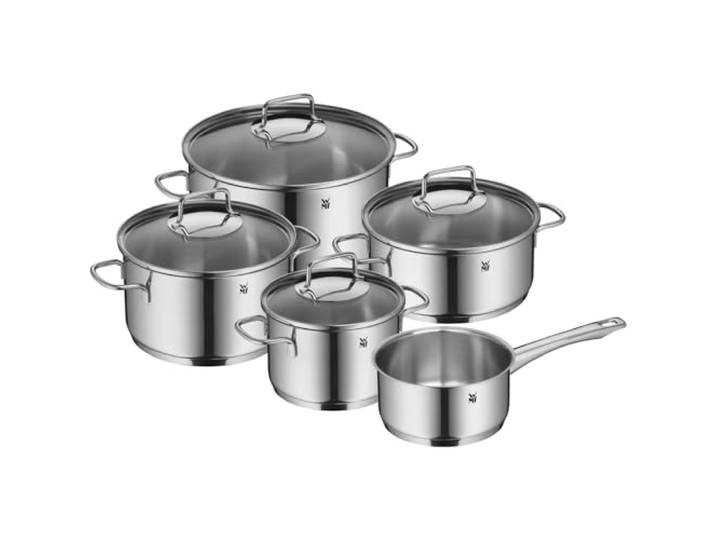 WMF Astoria Advantage set de casseroles induction 5 pièces\, set de casseroles avec couvercle en verre\, acier inoxydable poli Cromargan\, set de casseroles à induction non revêtu