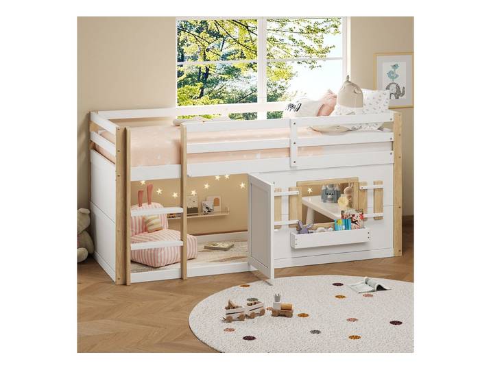 Odikalo Kinderbett Hochbett 90x200 cm in Weiß/Natur, Kinderhochbett mit großem Stauraum (Leiter und gemütlicher Spielecke, Robustes Holzhochbett ohne Matratze)
