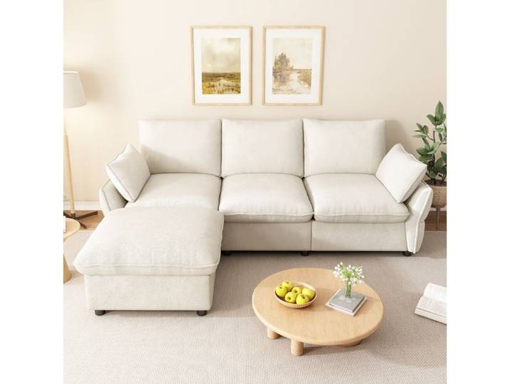 ULEVR Canapé d'angle fixe en chenille beige avec ottomane 3 places 2 coussins inclus