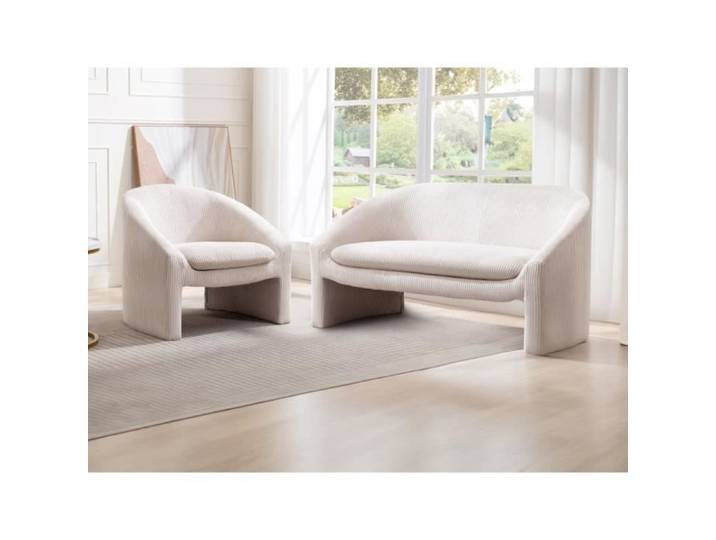 Canapé 2 places et fauteuil en velours côtelé crème OSSANA