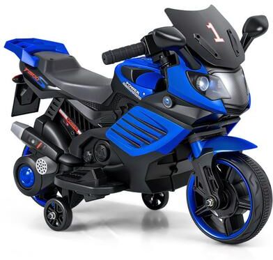 Costway 6V Kids Motorcycle with Headlights Music and Detachable Training Wheels-Navy