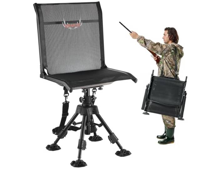 VEVOR Chaise de Chasse Silencieuse Pivotante à 360°\, Siège de Chasse Pliable et Portable\, Cadre en Acier Robuste\, avec Pieds Anti-enfoncement\, Hauteur Réglable\, Capacité de 158 kg\, Pêche Camping