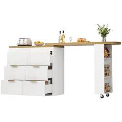 STILVORA Bartisch MDF Weiß 128-203x39x90 cm, 360° drehbar, 6 Schubladen