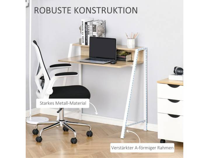 Feuille épaissie Bureau Table d'ordinateur moderne avec compartiment de rangement & passage de câbles Structure métallique chêne b