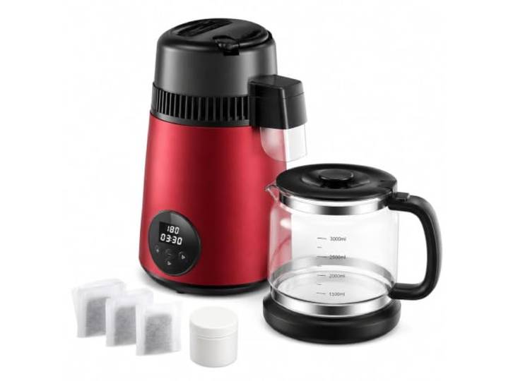 Wasserdestilliergerät 4 l für die Arbeitsplatte, 750 W, Durchsatz 1 l/h, Timer 0-99 h, Temperaturanzeige, Edelstahlbehälter, Borosilikatglaskaraffe, 3 Kohlefilter, Weinrot