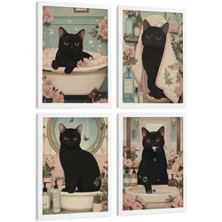 POSTER 4er-Set dekorative Kunstdrucke, schwarze Katze im Badezimmer, niedliches Blumenposter für Toilette, Schlafzimmer, sanfter Weißer Rahmen A3
