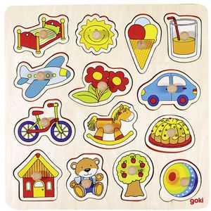 Goki Motorikspielzeug 57576, Schaukelpferd & Ball, Steckpuzzle aus Holz, ab 1 Jahr