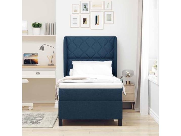 KTHLBRH Boxspringbett blau 100 x 200 cm mit Kopfteil Mittelgroße Matratze, Holzgestell, verstellbares Kopfteil, inklusive Matratzenbezug