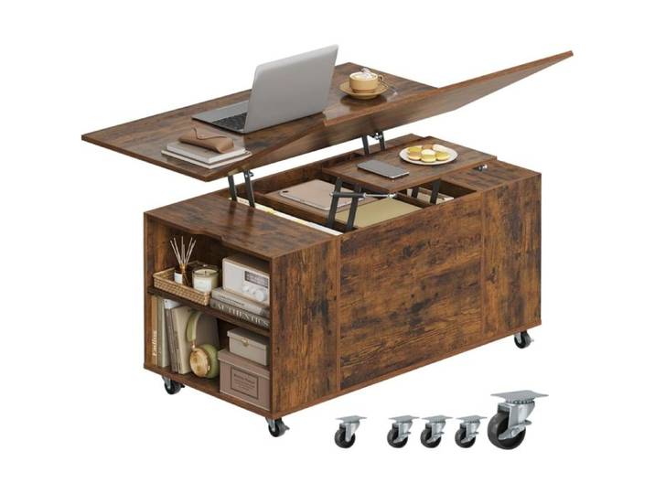 Table Basse avec roulettes - WOLTU Table de Salon avec Tiroir - Relevable Extensible et Réglable - Marron Rustique