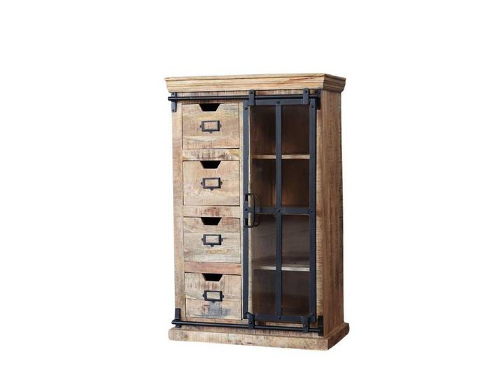 baario Highboard Highboard FINE rustikal, massiv Mangoholz & Eisen Schiebetüre Design Kommode Industrial