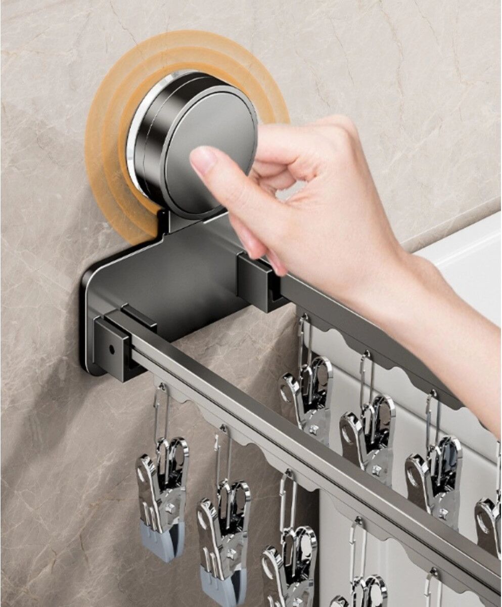 INF Cintre à chaussettes pliable 14 pinces à ventouse – Fixation murale aluminium + ABS, gain de place Titane