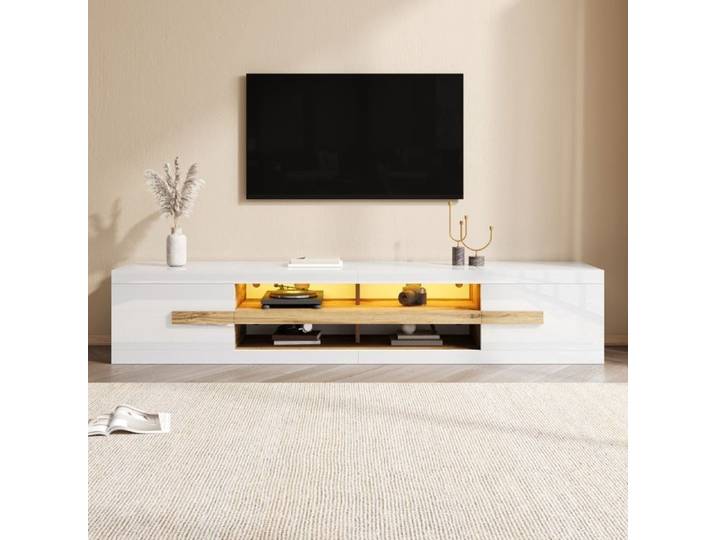Meuble TV 200x40x38cm avec LED Blanc Banc TV 7avec 2 Portes et compartiments ouverts Lowboard Salon Meuble Audio Vidéo Chambre