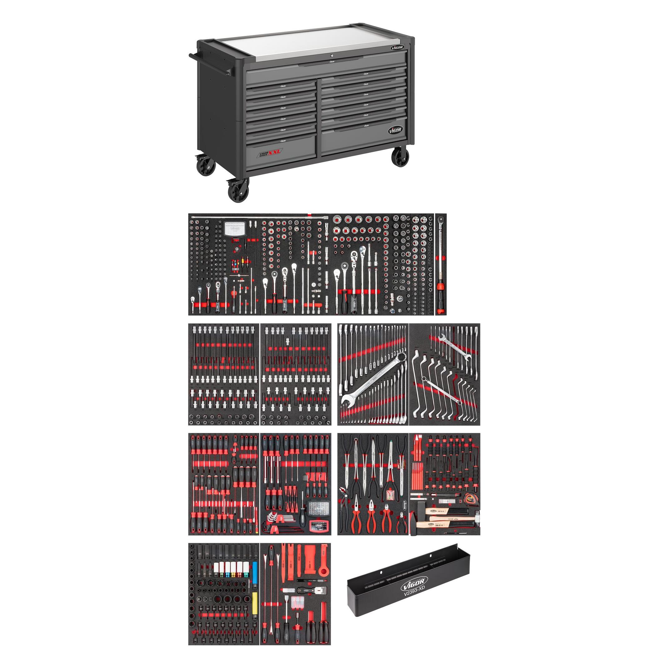 Vigor Werkstattwagen Series XXL Edelstahl-Arbeitsplatte mit Sortiment V4481-XXL/929 Anzahl ... (V4481-XXL/929)
