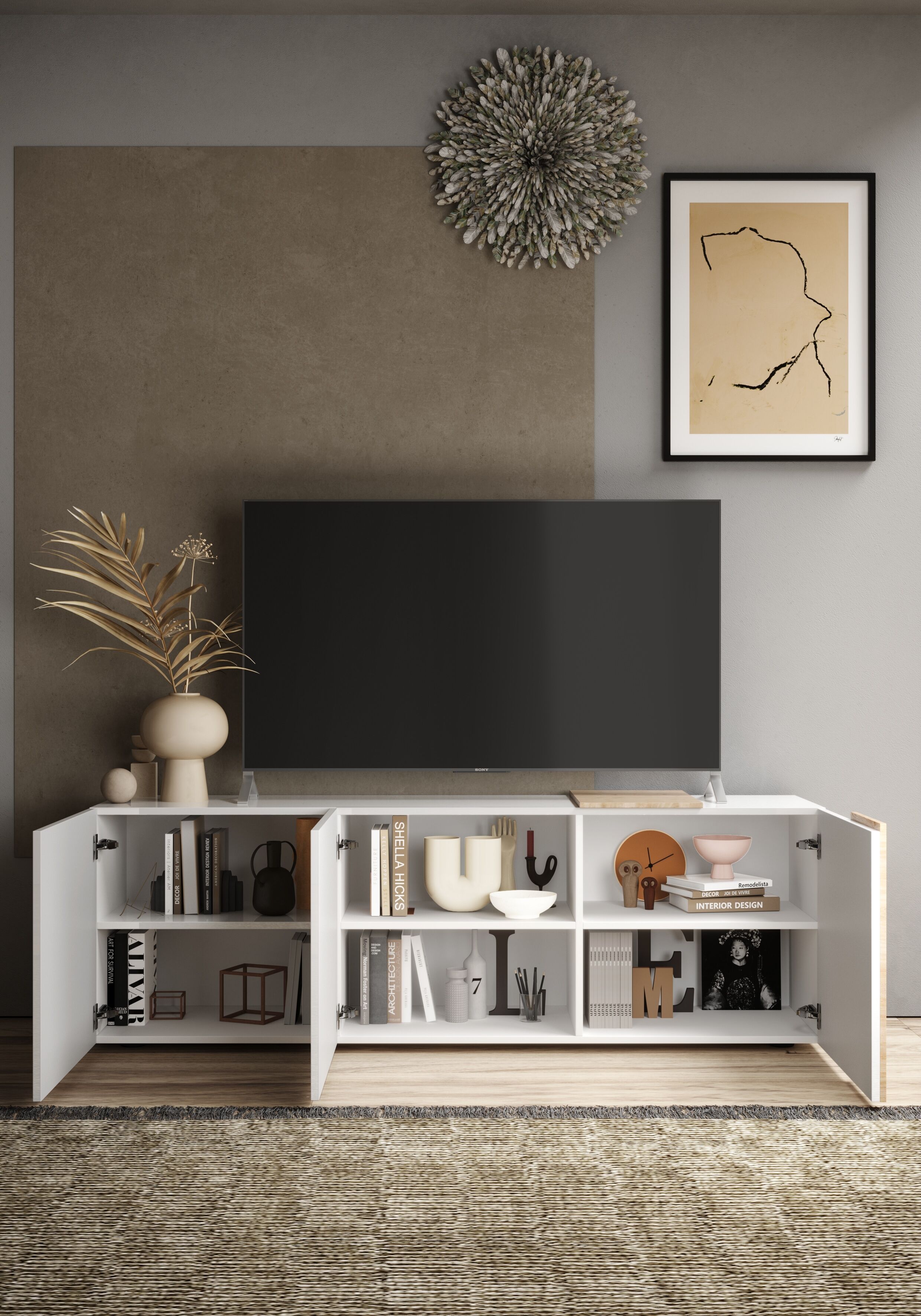 Lowboard HOME AFFAIRE "Venus, TV-Bank", weiß (weiß hochglanz lack, eiche cadiz nb), B:181cm H:59cm T:44cm, Sideboards, Lowboard, Breite 181 cm