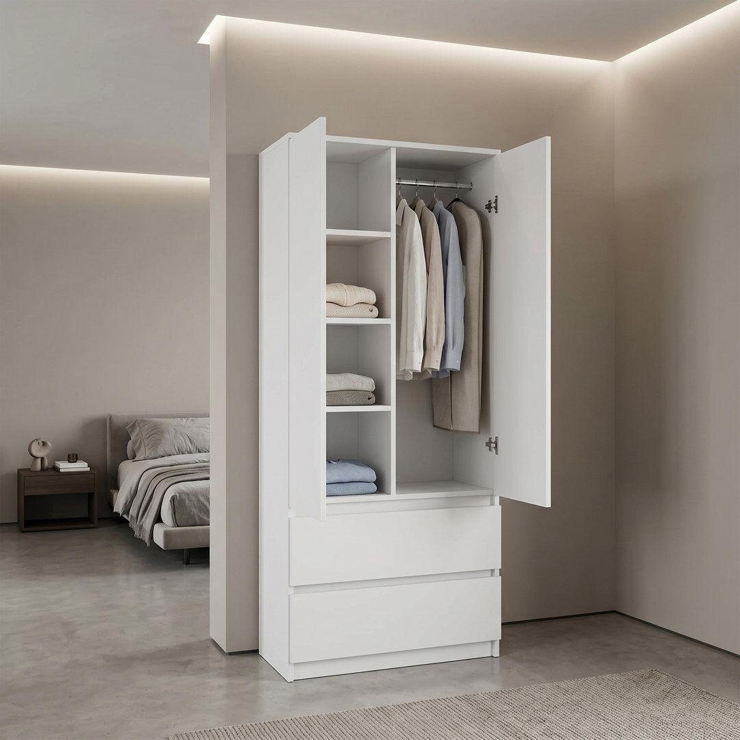 Latitude Run Croft Double Wardrobe with Drawers – 2 Door Bedroom Closet with Hanging Rail & Shelves (90 cm W x 50 cm D x 180 cm H) Chrome 180cm H X 90cm W X 50cm D