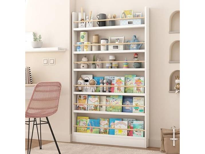 uofgcru Bücherregal Kinderzimmer, Bücherregal Kinder, 3/4/5/6 Aufbewahrungsregal, Kippschutz/Platz sparen, Bücherregal Hinter der Tür für Wohnzimmer/Home/Office/Schlafzimmer-White(70x10x178cm)