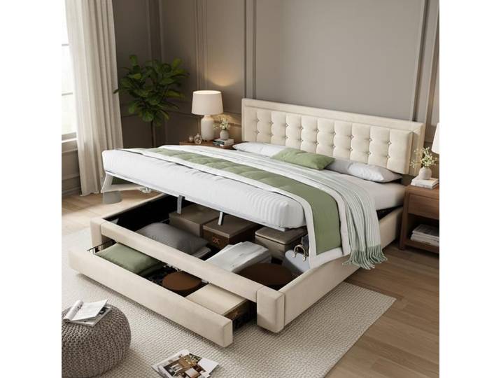 Lit- Xylo- en samtstoff avec tiroirs avec sommier à lattes grand espace de rangement avec coffre Beige- 160x200cm
