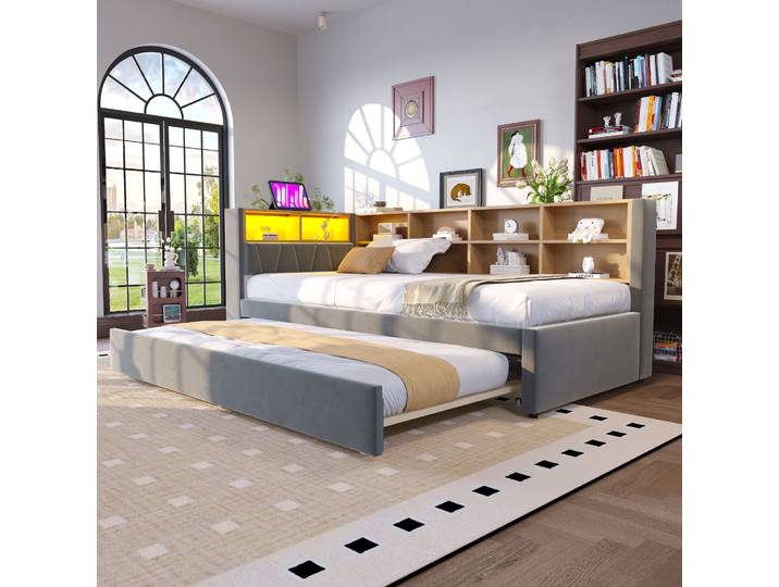 Canape Convertible 90x200 Led Flanelle Gris Fonce Havrya