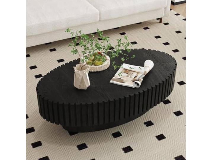 WXFKLDJ 110Cm Trommel-Couchtisch, Moderner, Einzigartiger, 43.3 Oval Black Geriffelter Teetisch, Zeitgenössischer Runder Couchtisch Aus Holz Mit Geriffelter Tischplatte Für Das Wohnzimmer, Walnuss