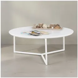 KADIMA DESIGN Runder Couchtisch aus weißem MDF-Holz, Metall-Beingestell, Ø 80 cm, Höhe 33 cm.