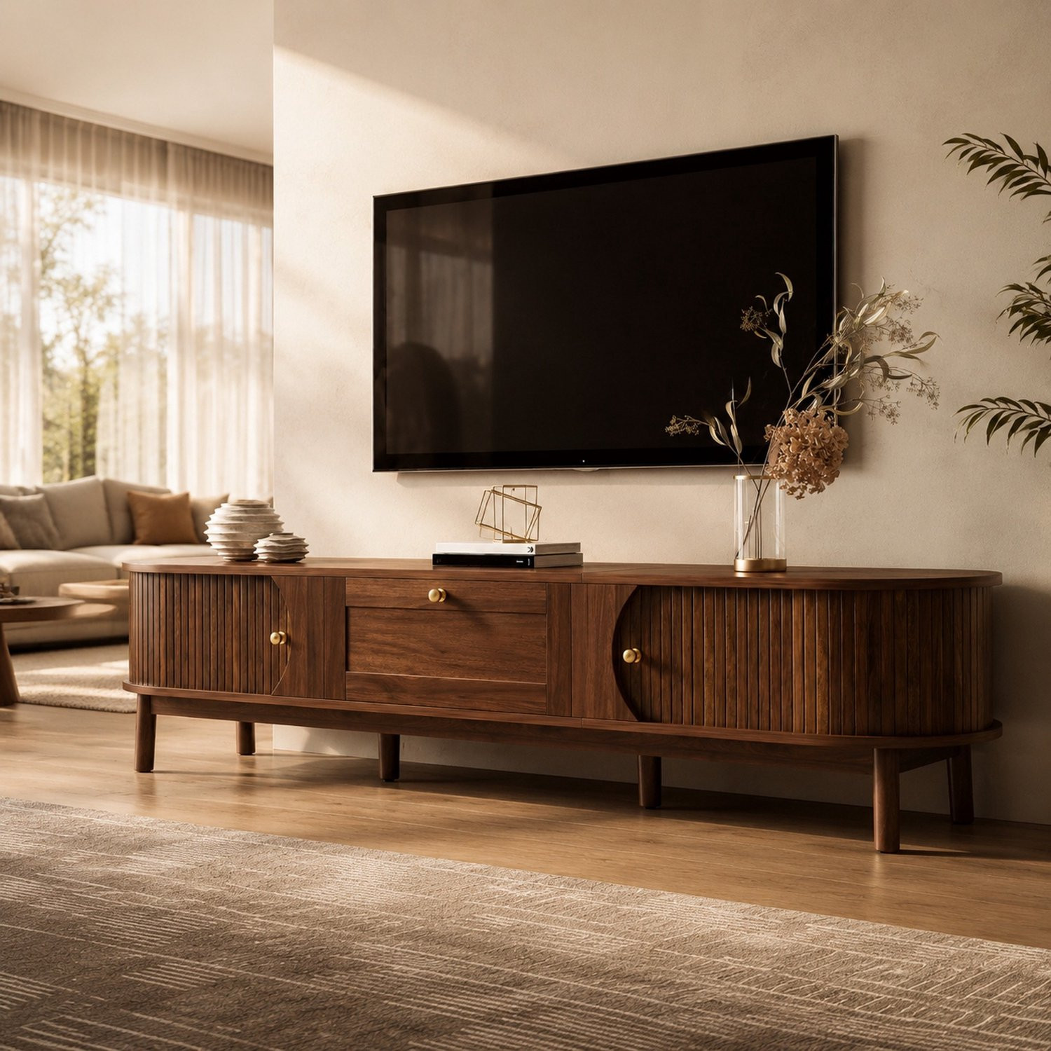 CHICFURN Modern TV-meubel met lade en schuifdeuren - Walnoot - Breedte: 170 cm