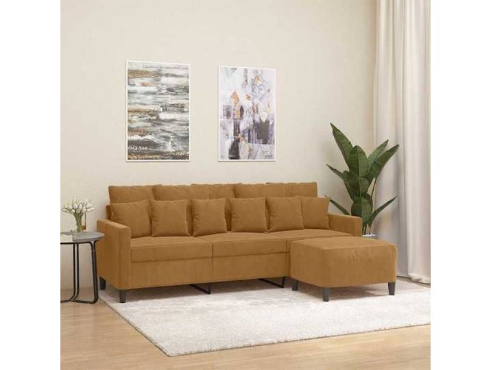Canapé 3 places avec repose-pieds - - Velours - Brun - 198x77x80 cm - Repose-pied inclus - Structure robuste