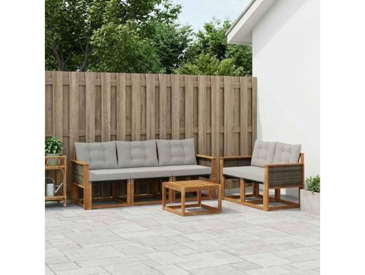 RJPLMFV Sitzgruppe für den Außenbereich, 7-teilig, massives Akazienholz Lackierte Oberfläche, wetterfest, modulares Design, pflegeleicht, natürlich und hellgrau