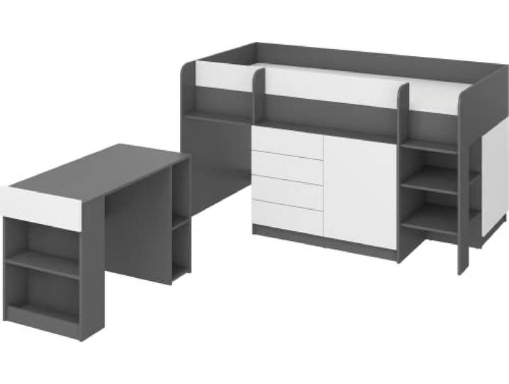 FurnitureByJDM Hochbett mit Schreibtisch, Schubladen & Bücherregal Platzsparendes Kinderbett 90x200 cm Matratzengröße – Rechtsseitige Treppe – SMILE (Graphit/Weiß)