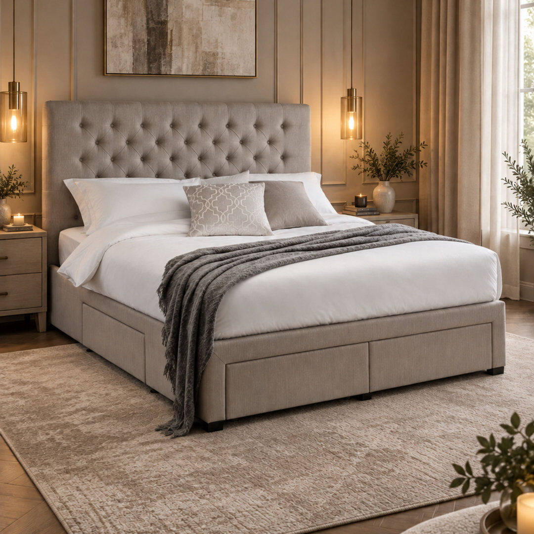 Wade Logan Rishi Upholstered Drawers Bed Gray Kingsize (5')