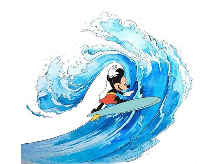 Komar Disney Vlies Fototapete - Mickey Surfing - Größe: 300 x 280 cm (Breite x Höhe) - Mouse, Surfen, Welle, Meer, Kinderzimmer, Tapete - IADX6-007