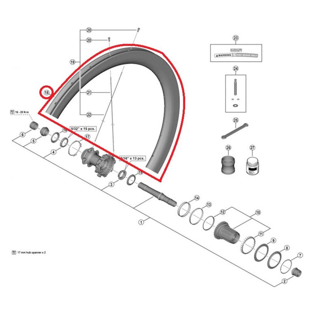 Shimano RIM FOR COMPLETE WHEEL,FOR WH-R9270-C50-TU, REAR:12MM E-THRU, 24H TUBULAR (39177331)