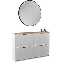 Planetmöbel STIVIO - Schuhschrank-Set 2 x 60 cm - Weiß Grau - Je 2 Klappen - Mit LED-Spiegel 80 cm