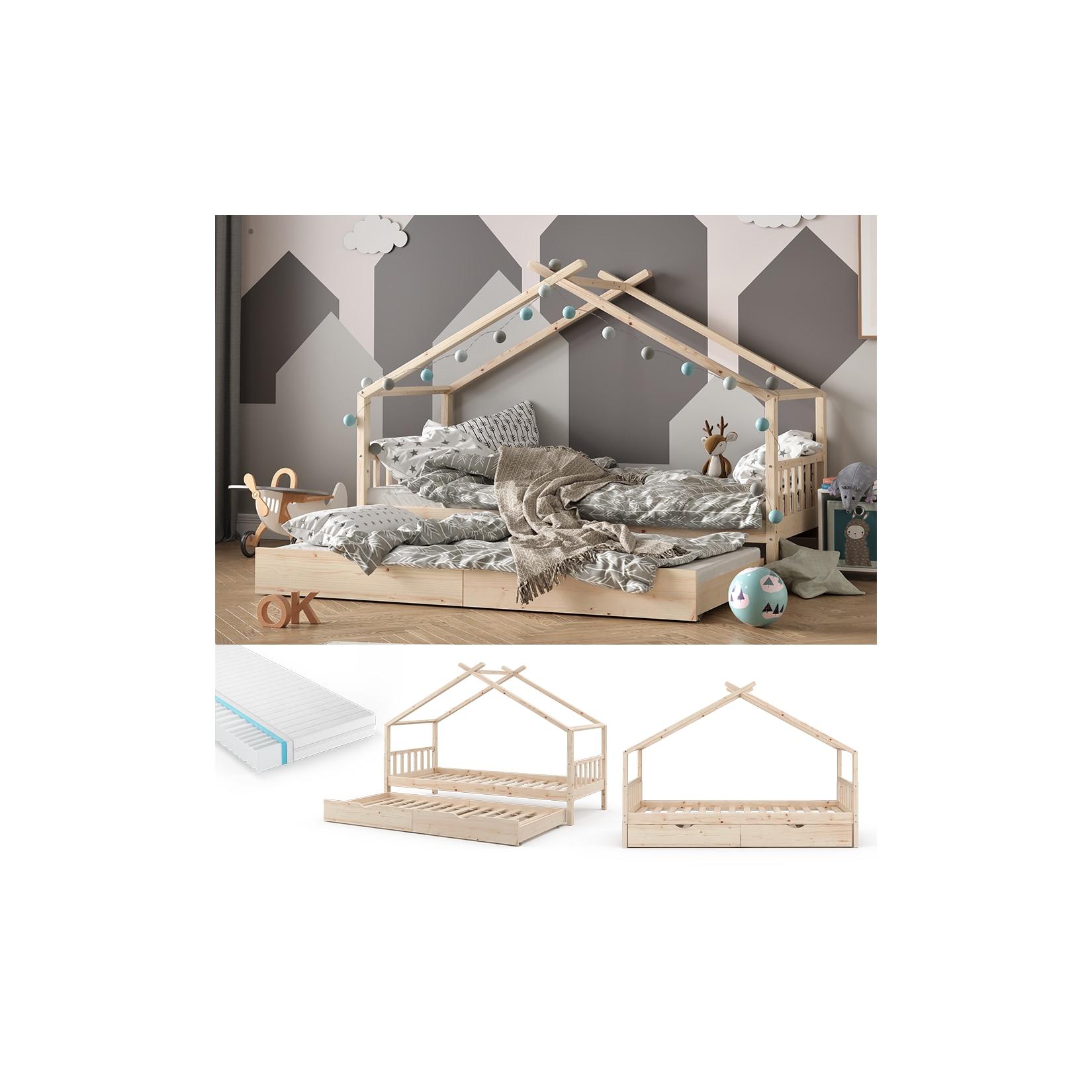 VITALISPA Kinderbett DESIGN Hausbett Gästebett Lattenrost Natur 90x200 Matratze