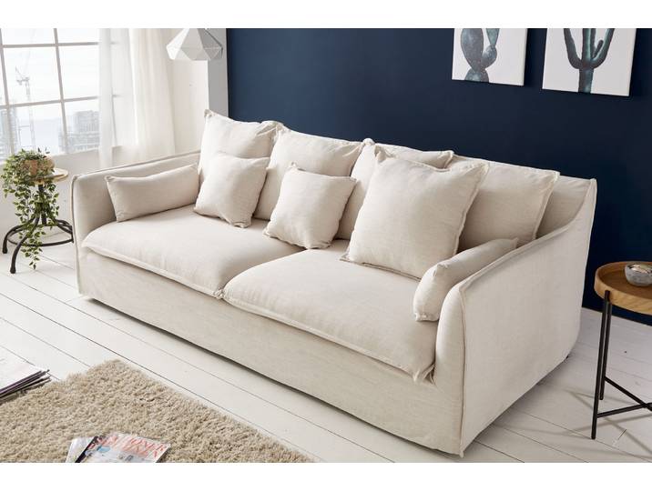 Großes 3-Sitzer Sofa HEAVEN 200cm natur beige Leinenstoff Federkern Hussensofa Wohnzimmer