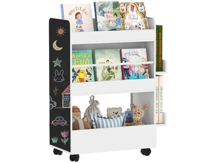 AIYAPLAY Bibliothèque pour enfant avec roulettes, rangement livre enfant avec tableau noir, meuble de rangement, étagère chambre