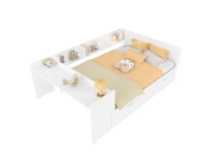 Lit double 140x200cm multifonction avec lit gigogne caché bureau et étagères