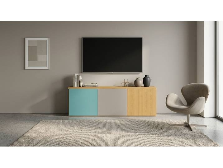 30 cm tiefes Sideboard mit bunten Türen Echtholz Furnier Eiche geölt