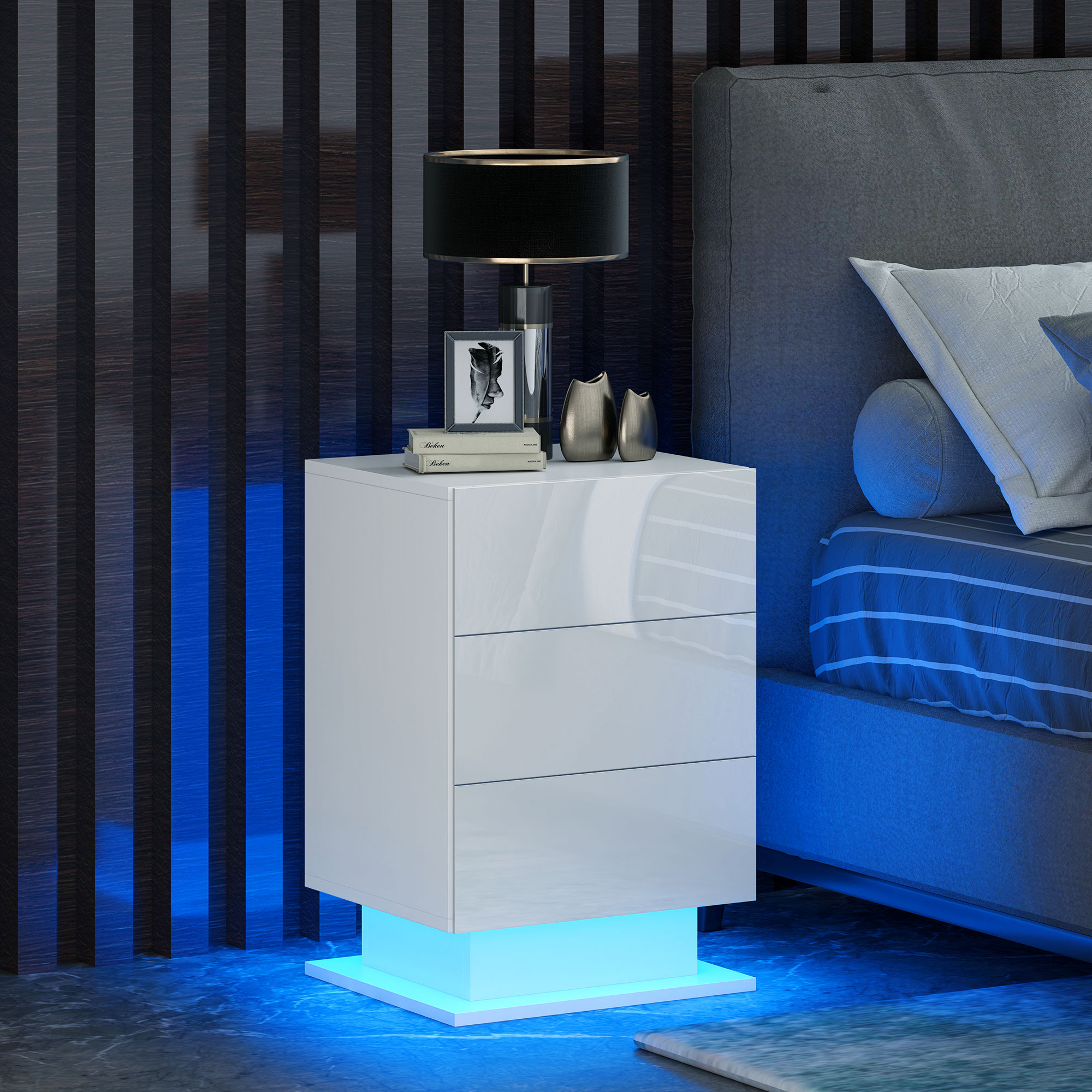 Homcom Comodino Moderno con Luce LED Regolabile con Telecomando e 3 Cassetti, 40x35x60 cm, Bianco Lucido   Aosom Italy