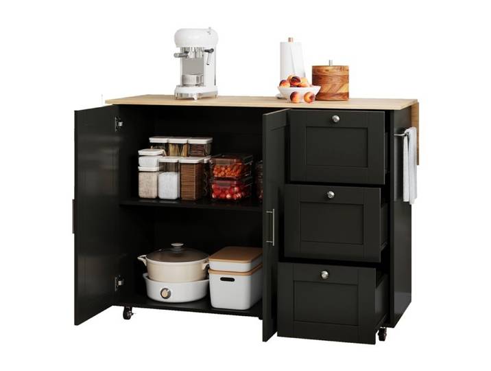 Desserte ilôt de Cuisine avec roulettes Buffet Cuisine de Rangement avec Plateau de Table Pliable 3 Tiroirs Meuble de Cuisine Noir