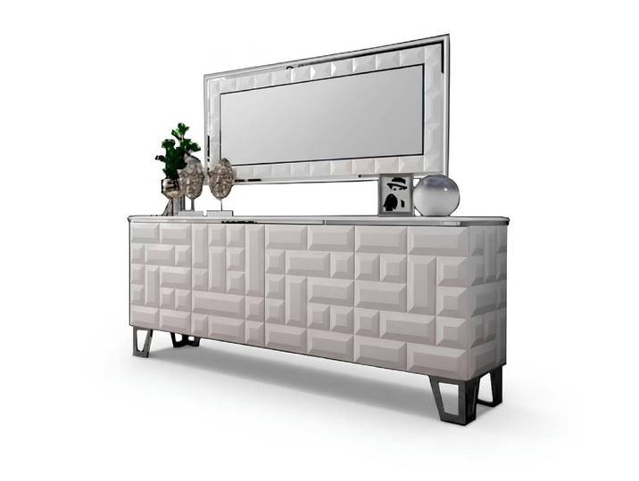Xlmoebel Anrichte Moderne Beige Kommode Spiegel Holz Metall Wohnzimmer Design Möbel (Kommode mit Spiegel, 1 St., 1-tlg)