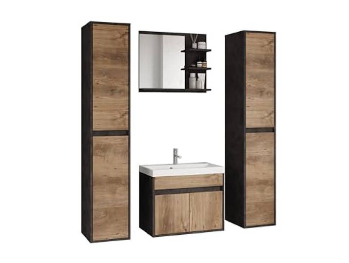 Muebles Slavic Cyprus XL Badmöbel-Set, Badezimmermöbel, hängende Badezimmermöbel, Waschbecken inklusive (Tisch/Kastanie)
