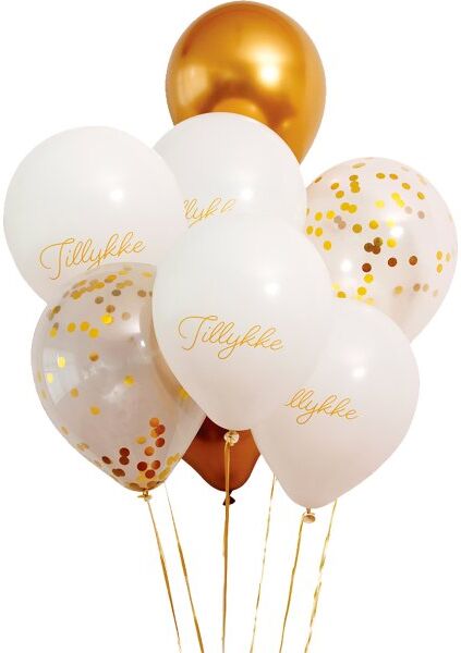 No-Name Ballonbuket, Guld/hvid, 8 Balloner, Inkl.Vægt/snor