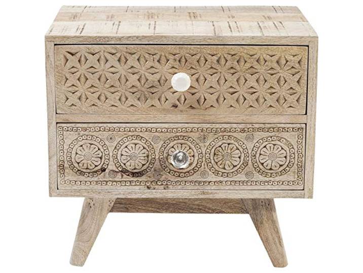 Kare Design Kommode Puro Klein, Nachttisch mit aufwendigen Schnitzereien, Nachtschrank aus Holz, Hellbraun (H/B/T) 46x50x35cm