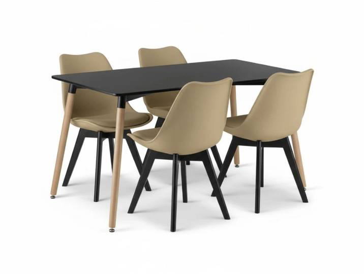 Essgruppe 1 + 4, schwarzer Tisch ADRIA 120x80 cm + beige Stuhl BALI MARK mit schwarzen Beinen