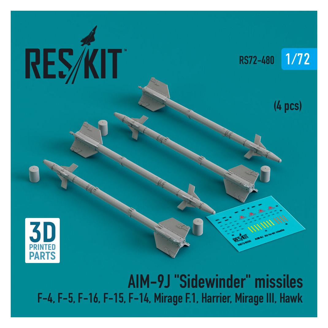 ResKit AIM-9J Sidewinder missiles (4 pcs) (F-4, F-5, F-16, F-15, F-14, Mirage F.1, Harrier, Mirage III, Haw (RS72-0480)