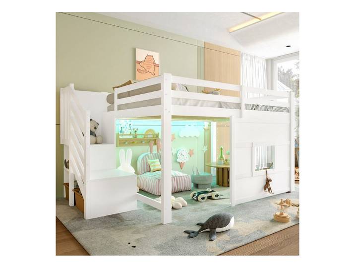 REDOM Hochbett Kinderbett,Funktionsbett,Einzelbett (mit Stauraumtreppe, Fenster und LED-Beleuchtung – Weißes Kiefernholz, platzsparend., 1-St)